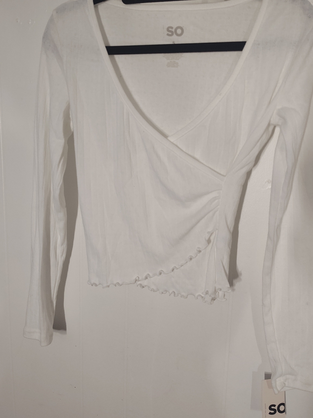 SO White Long-Sleeve Wrap Crop Top with Lettuce Hem